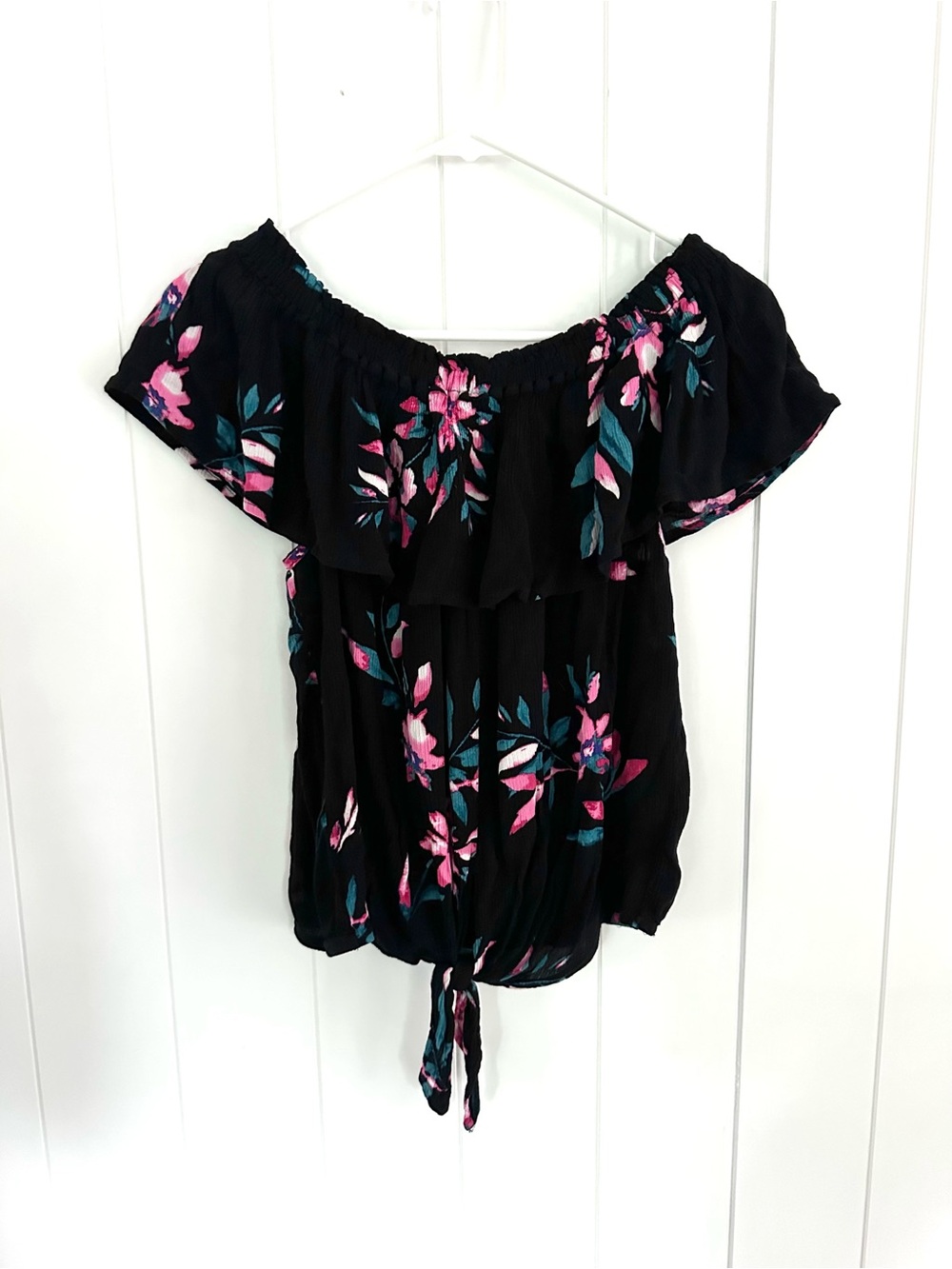 Express Black Floral Off-the-Shoulder Tie-Front Blouse